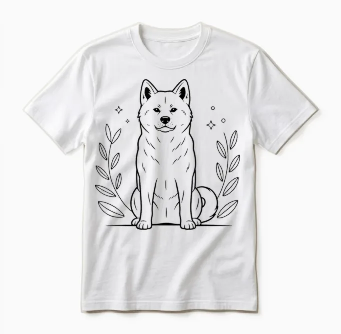 Line Art Japanese Akita Inu Minimalist Unisex T-Shirt in White