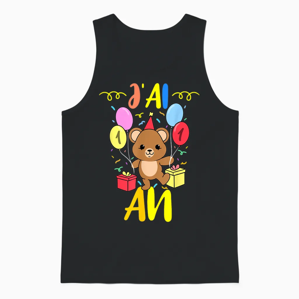 J'ai 1 an 1e Ours En Peluche Anniversaire T-Shirt, Black, S Unisex Tank Top in Black