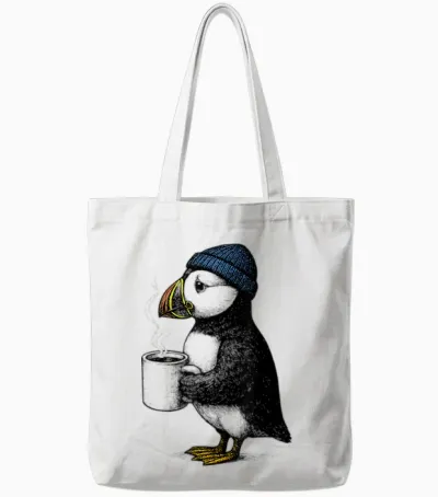 Puffin with Hat Funny Coffee Bird Tote Bags - White