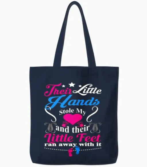 Little Hand Stole My Heart Little Feet Ran Away Tote Bags in Navy