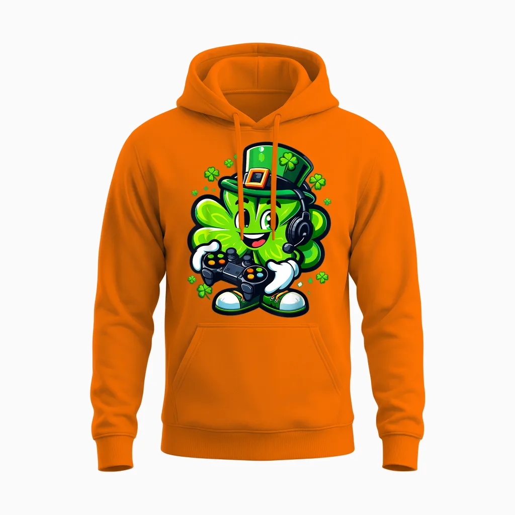 St. Patrick's Day Lucky Shamrock Gamer Video Irish Boys Kids T-Shirt, Black, S Unisex Hoodie in Safety Orange