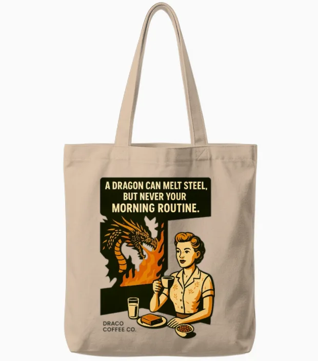Dragon Melts Steel, Not Your Routine | Coffee Meme Tote Bags in Natural