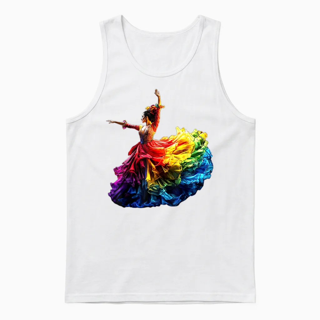 Flamenco Dancer Dress Colorful Rainbow Flamenco T-Shirt, Black, S Unisex Tank Top in White