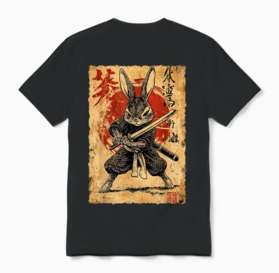 Funny Vintage Art Japanese Rabbit Ninja Samurai Warrior T-Shirt, Black, S Unisex T-Shirt - Black