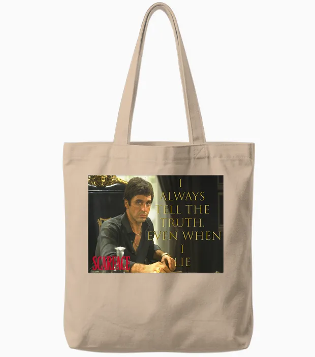 Scarface Tony Montana I Always Tell the Truth T-Shirt, Black, S Tote Bags in Natural