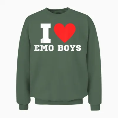 I Love Emo Boys | Y2k | Red Heart | Love | Emo | Scene T-Shirt, Black, S Unisex Sweatshirt - Military Green
