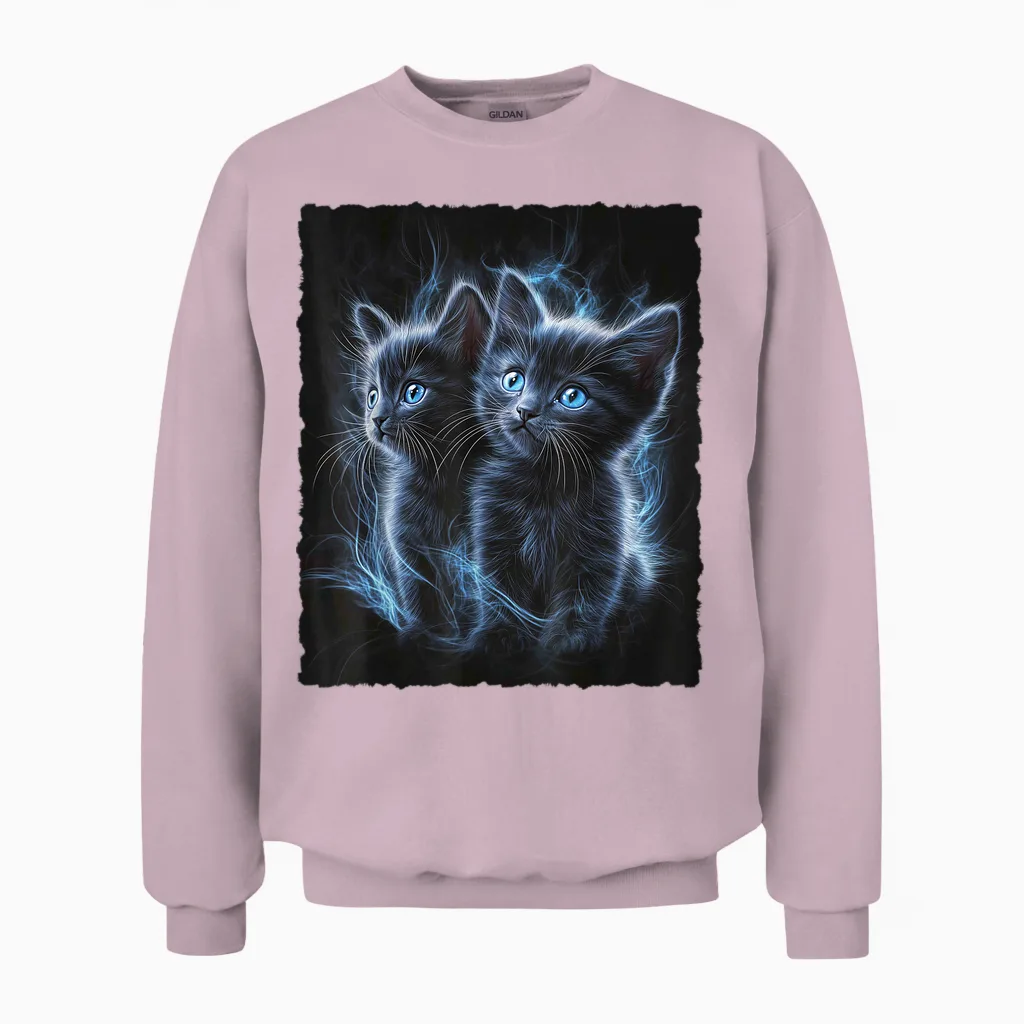 Cute Magic Cat Kitten Fantasy Art T-Shirt, Black Unisex Sweatshirt in Light Pink