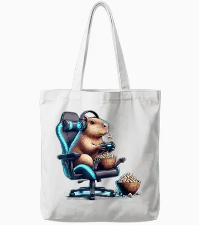 Capybara Gaming Controller Headset with Popcorn Animal Motif T-Shirt, Black Tote Bags - White