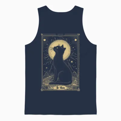 Gothic Tarot Card the Moon Cat Crescent Mystical Art T-Shirt, Black, S Unisex Tank Top - Navy