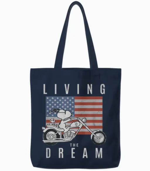 Peanuts Snoopy Living the Dream Snoopy on a Motorcycle Tote Bags in Navy