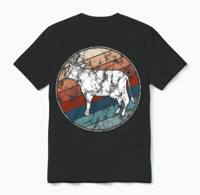 Cow in Retro Style Farm & Country Unisex T-Shirt - Black