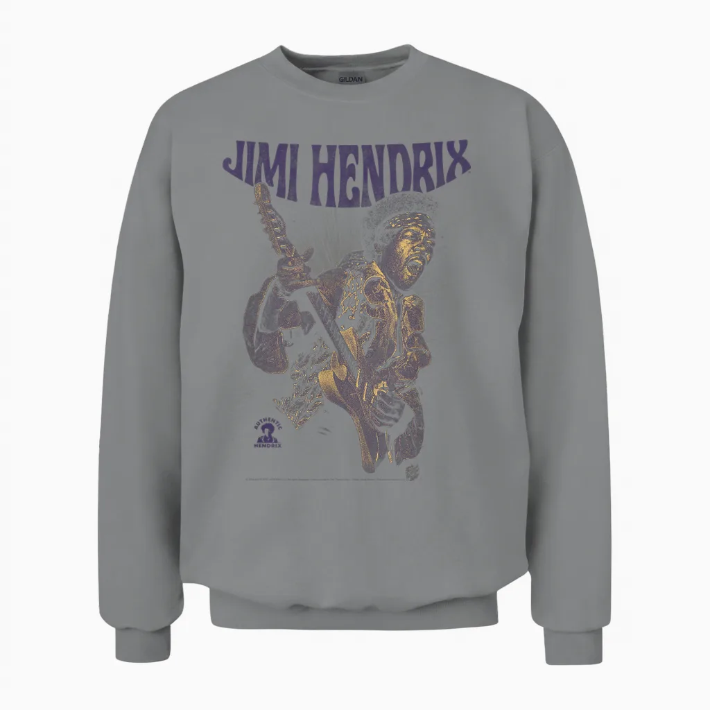 Ripple Junction X Jimi Hendrix Playing Guitar Purple Yellow T-Shirt, Black, S Unisex Sweatshirt in Sport Grey