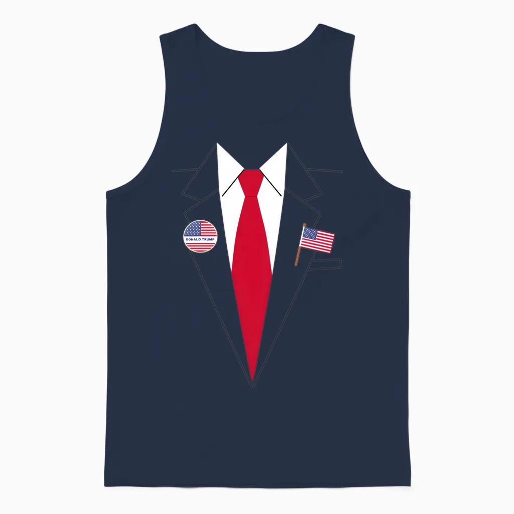 Donald Trump Suit and Tie Halloween Costume Long Sleeve Shirt, Black Unisex Tank Top in Navy