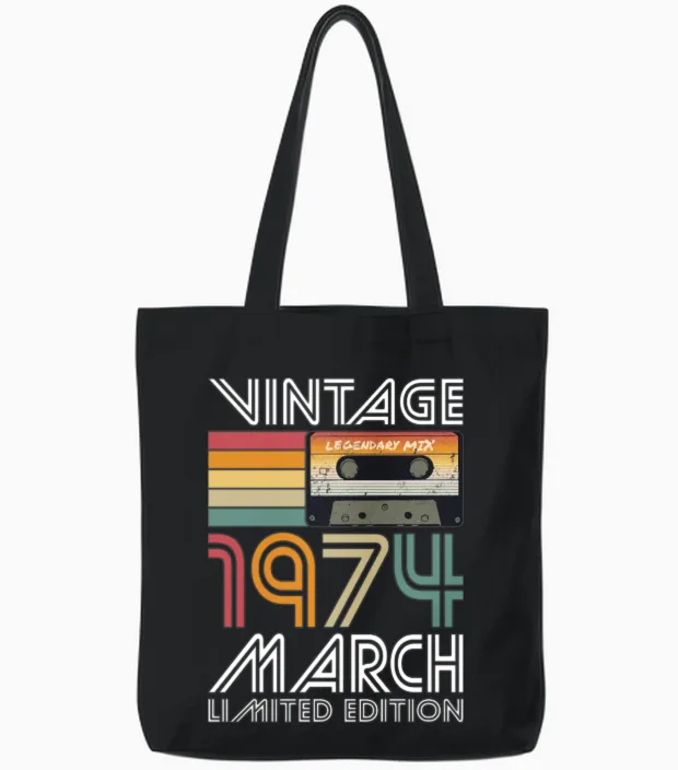 50th Birthday Vintage March 1974 Limited Edition Tote Bags in Black