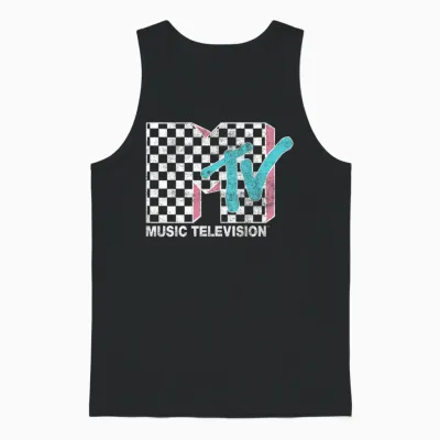 Mtv Neon Distressed Checkered Logo Graphic Unisex Tank Top - Black