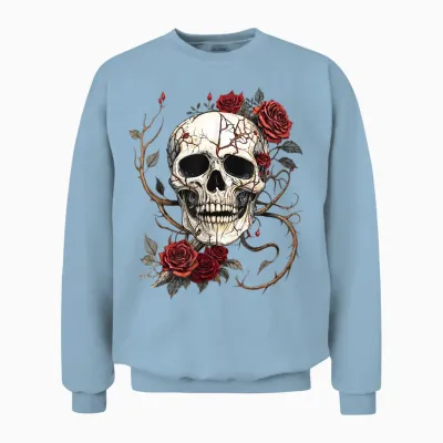 Tête De Mort Roses Rouges Baroque Gothique Vintage Tattoo Unisex Sweatshirt - Light Blue