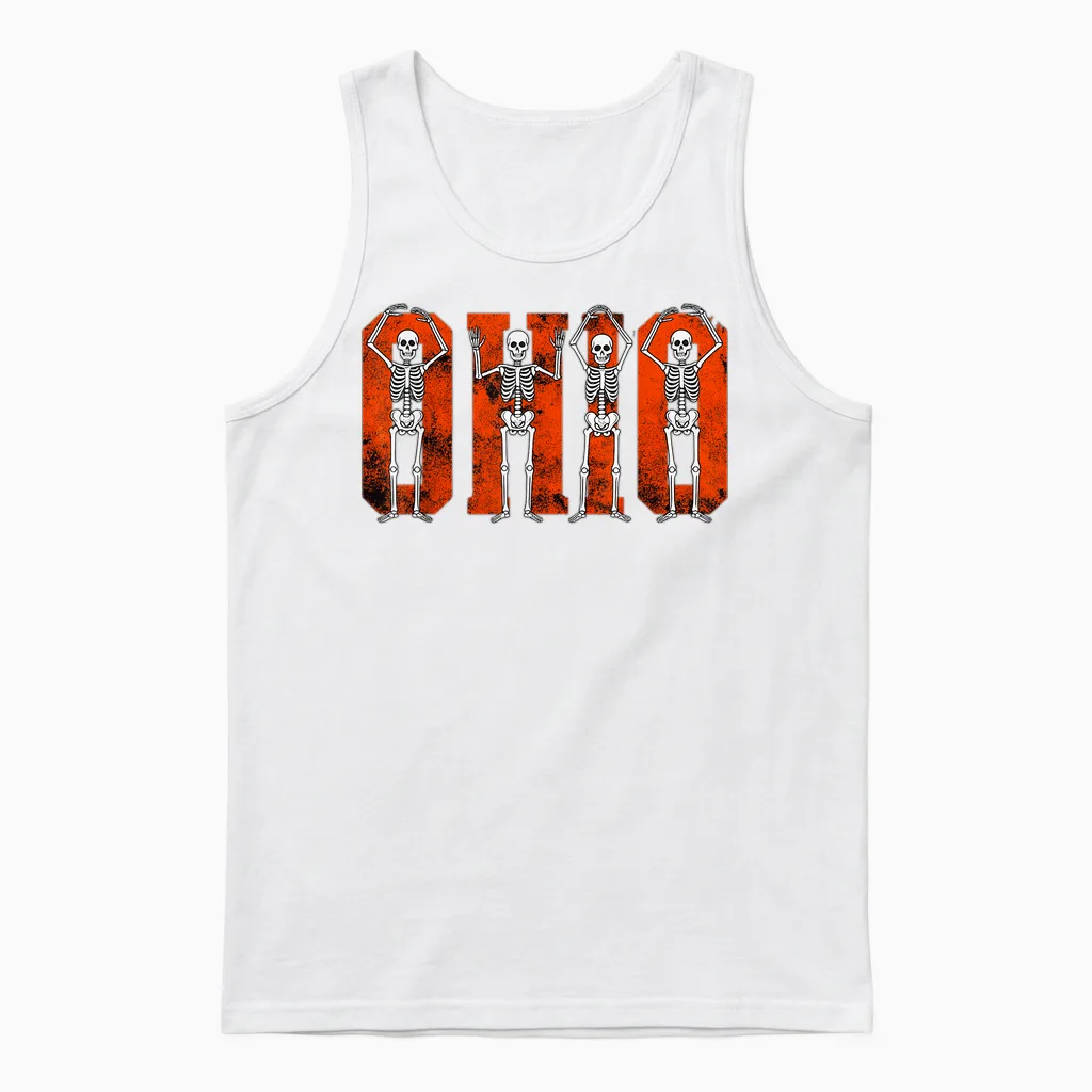 O-H-I-O State Funny Skeletons Ohio Vintage Halloween Team Unisex Tank Top in White