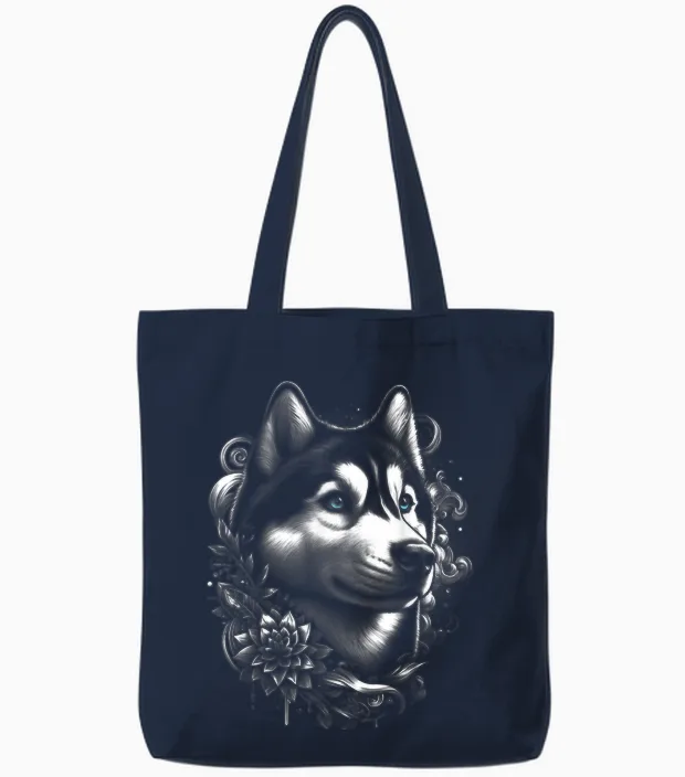 Cooler Husky Mit Blauen Augen Und Blumen Deko Tote Bags in Navy