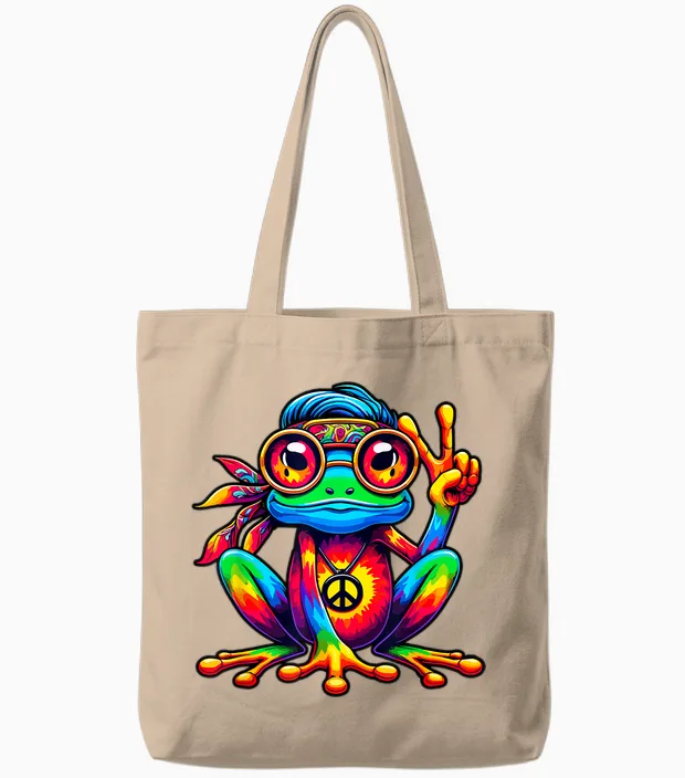 Tie Dye Hippie Frog Peace Sign 70s Party & 60s Costume Tote Bags in Natural