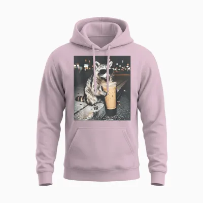 Raccoon Drinking Iced Coffee Funny Animal Meme Men Women Unisex Hoodie - Light Pink