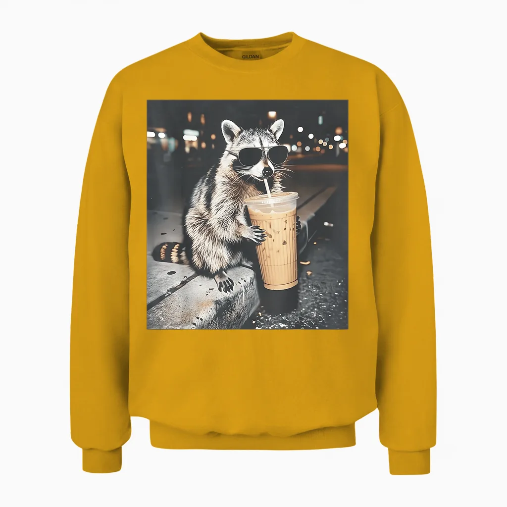Raccoon Drinking Iced Coffee Funny Animal Meme Men Women Unisex Sweatshirt in Gold