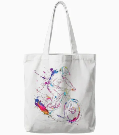 Cycling Splash Art Bicycle Mountain Biker Man Boy T-Shirt, Black, S Tote Bags - White