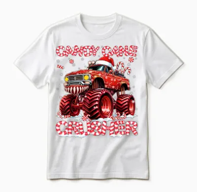 Candy Cane Crusher Red Monster Truck Christmas Xmas Boy Unisex T-Shirt - White