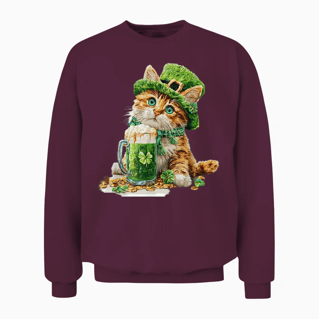 St. Patrick's Day Cat, Kitten Lover, Kids Boys Unisex Sweatshirt in Maroon