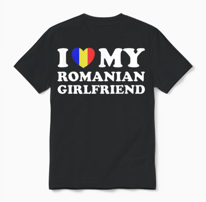 I Love My Romanian Girlfriend Heart Matching Couples Unisex T-Shirt in Black