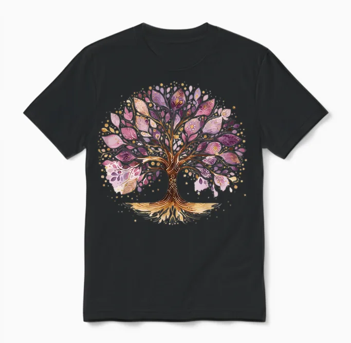 Lila Und Gold Yoga Baum Des Lebens Unisex T-Shirt in Black