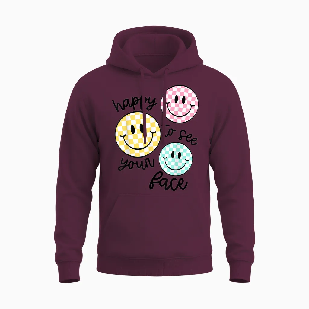 Happy to See Your Face Smile Face Teacher Back to School Unisex Hoodie in Maroon