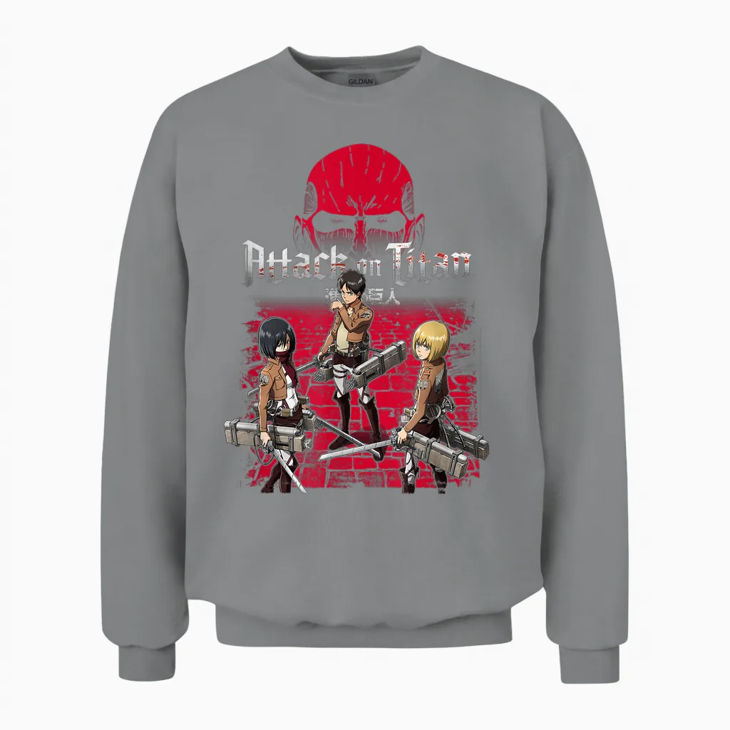 Attack on Titan 3 Main Characters Red Background Anime Unisex Sweatshirt in Sport Grey