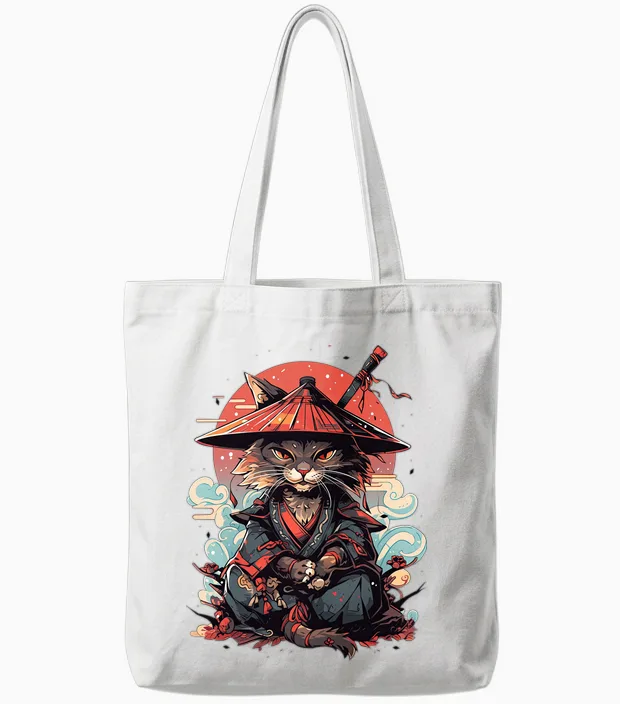 Japanese Retro Samurai Cat Tattoo Graphic Ninja Kawaii Long Sleeve, Black, S Tote Bags in White