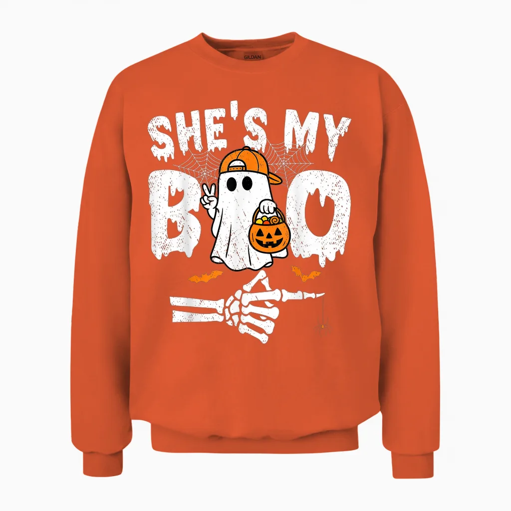 He's My Boo Matching Couple Halloween Couples She's My Boo Unisex Sweatshirt in Orange