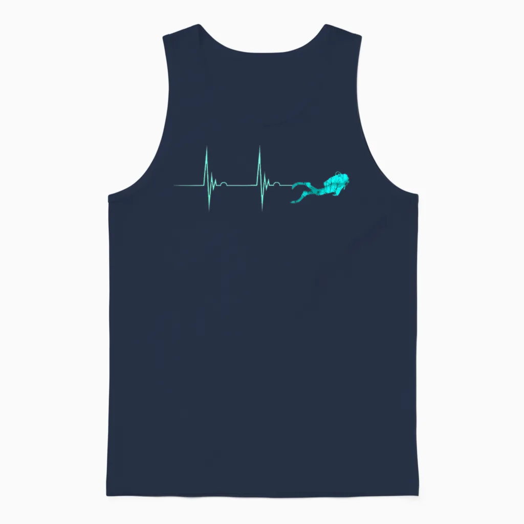 Underwater Diver Heartbeat Deep Diving T-Shirt, Black, S Unisex Tank Top in Navy