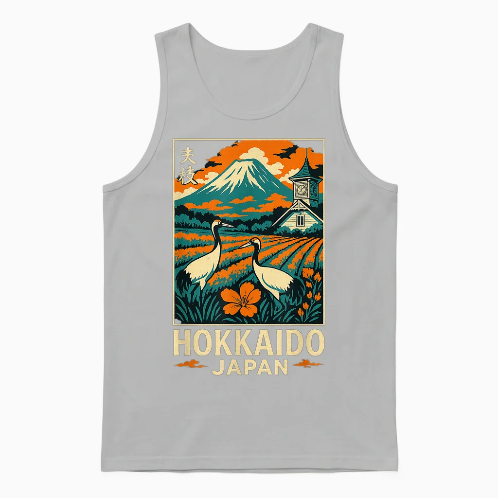 Hokkaido Japan Vintage Travel Mountain Cranes Art Unisex Tank Top in Ash