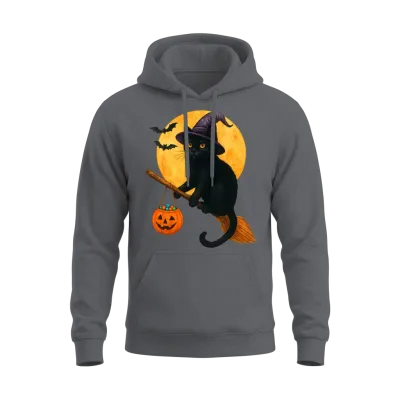 Cat Witch Hat Pumpkin Halloween Unisex Hoodie - Charcoal