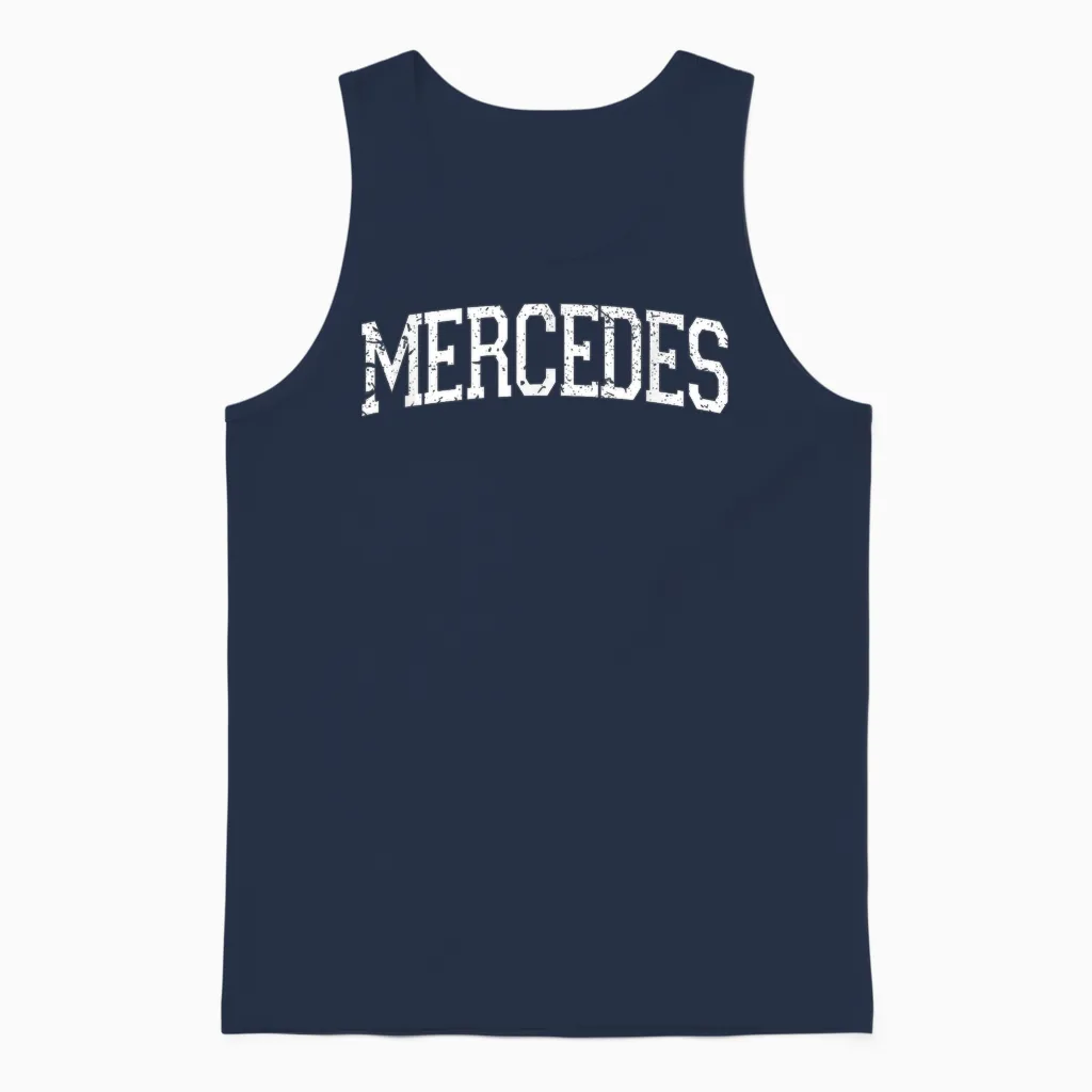 Vintage Personalised Name Classic Mercedes T-Shirt, Black Unisex Tank Top in Navy