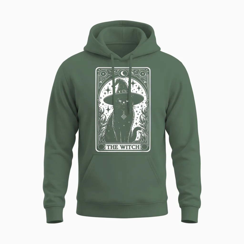 The Witch Cat Halloween Vintage Gothic Tarot Card T-Shirt, Black Unisex Hoodie in Military Green