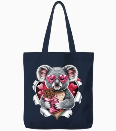 Cute Koala with Chocolate and Pink Hearts Love Tote Bags - Navy