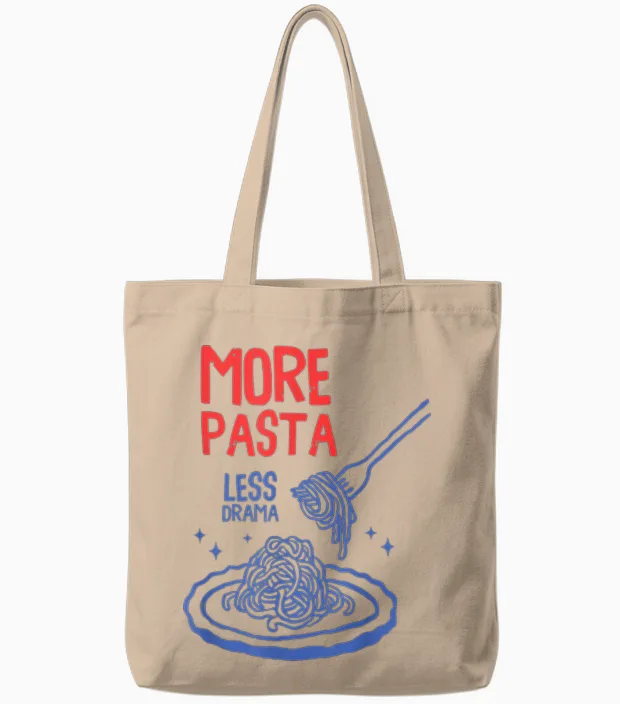 More Pasta Less Drama Funny Foodie Spaghetti Noodle Humour Tote Bags in Natural
