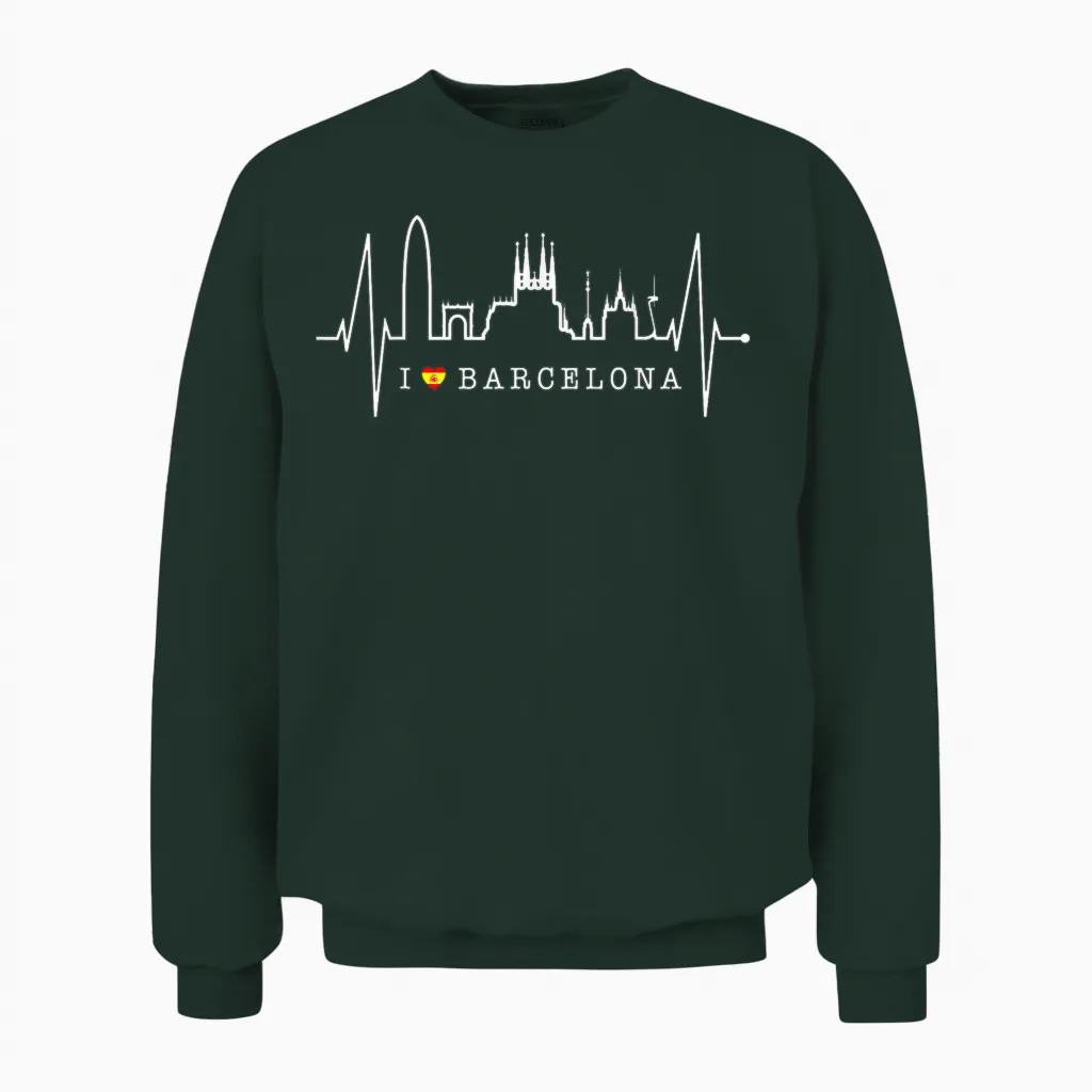 Barcelona Skyline Spanien Herzschlag Fan I Love Barcelona Unisex Sweatshirt in Forest
