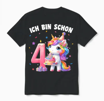 Children's 4th Birthday Girl 4 Years Unicorn Party Outfit Unicorn T-Shirt, Black Unisex T-Shirt - Black