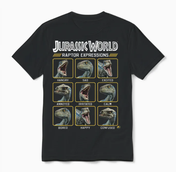 Jurassic World Two Blue Raptor Expressions Graphic Short Sleeve Unisex T-Shirt in Black