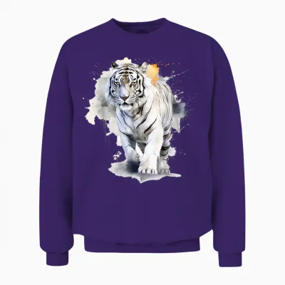 White Tiger Lover Artwork | Animal Motif Tiger T-Shirt, White Unisex Sweatshirt - Purple