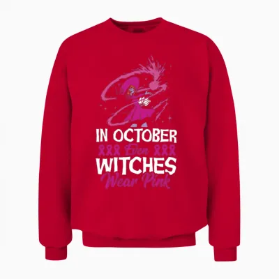 In October Even Witches Wear Pink Breast Cancer Unisex Sweatshirt - Red