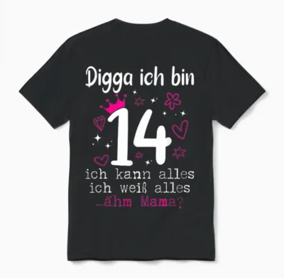 14th Birthday Girl Digga I Am 14 Years Teenager Unisex T-Shirt - Black