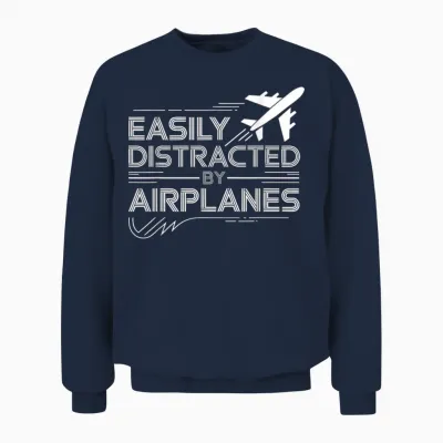 Easily Distracted by Airplanes Aircraft Pilot Aviation Unisex Sweatshirt - Navy