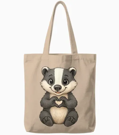 Badger with Heart | Cute Badger Motif with Heart Symbol and Badger T-Shirt, Black, S Tote Bags - Natural
