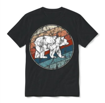 Bear in Retro Style Unisex T-Shirt - Black